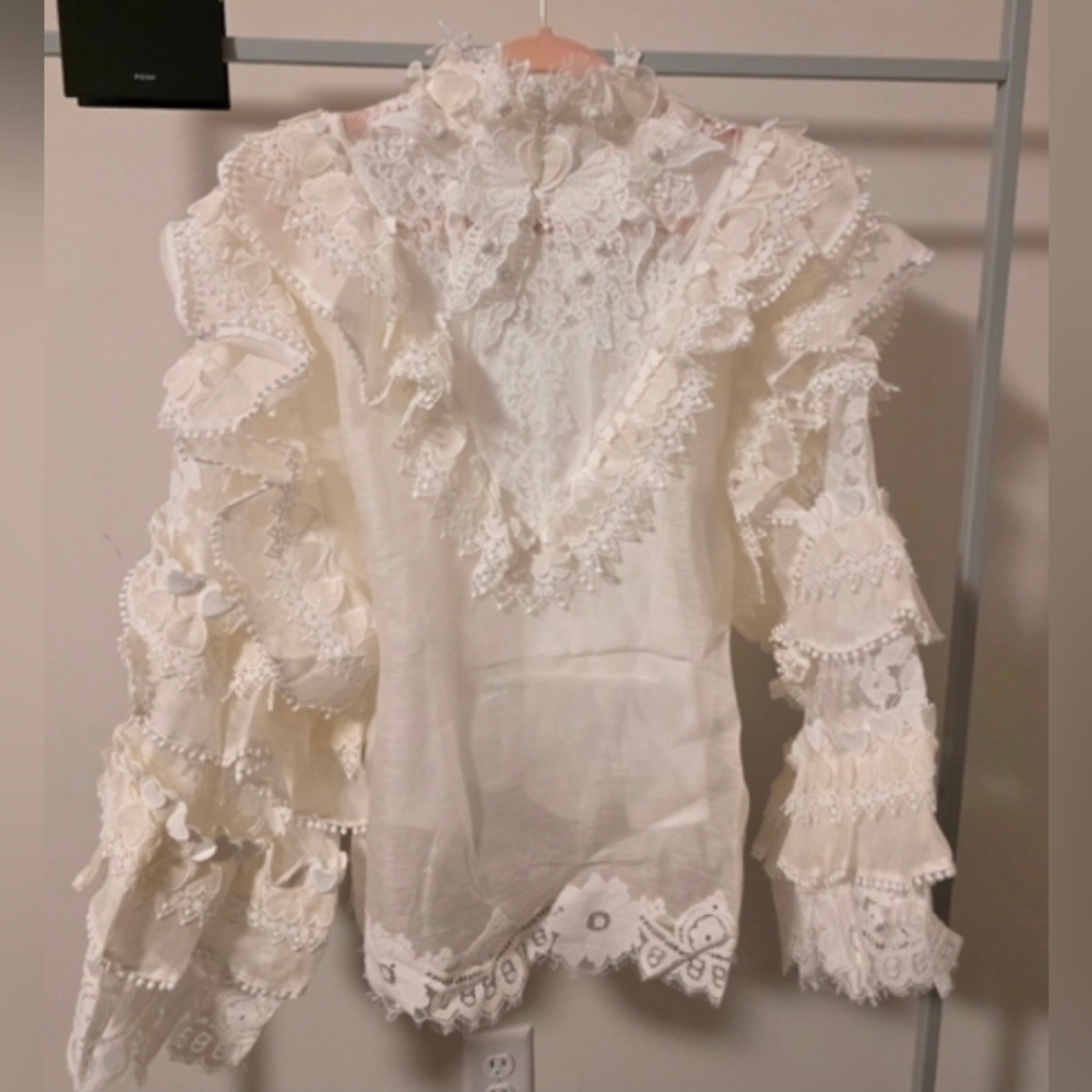 Zimmermann Crush Heart Trim Blouse Show Stoper Cream Lace Detail Top Sz M - Picture 9 of 10